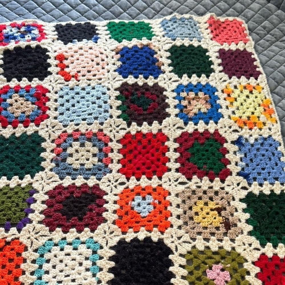 VTG 70s Handmade Afghan Throw Crochet Granny Squares Colorful 55"x67" Boho